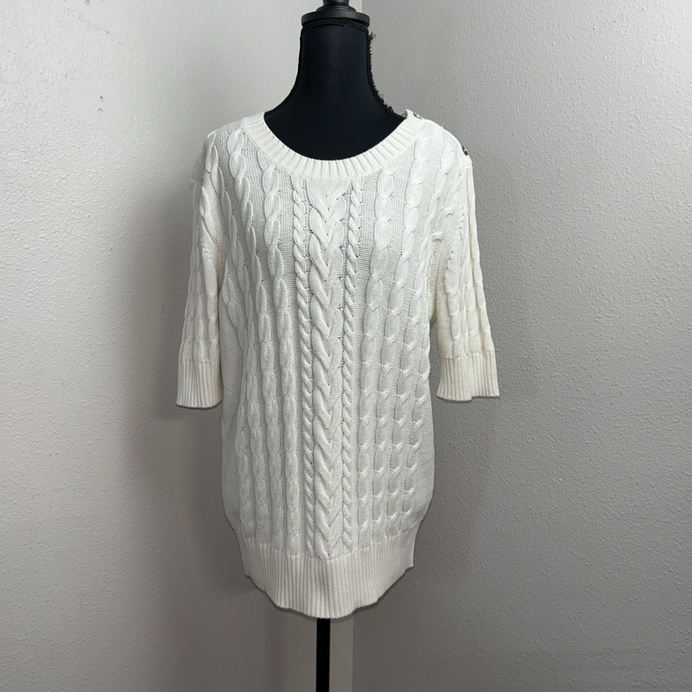 Banana Republic Cable Knit Sweater Women's XL Cream Button Detail Short Sleeve